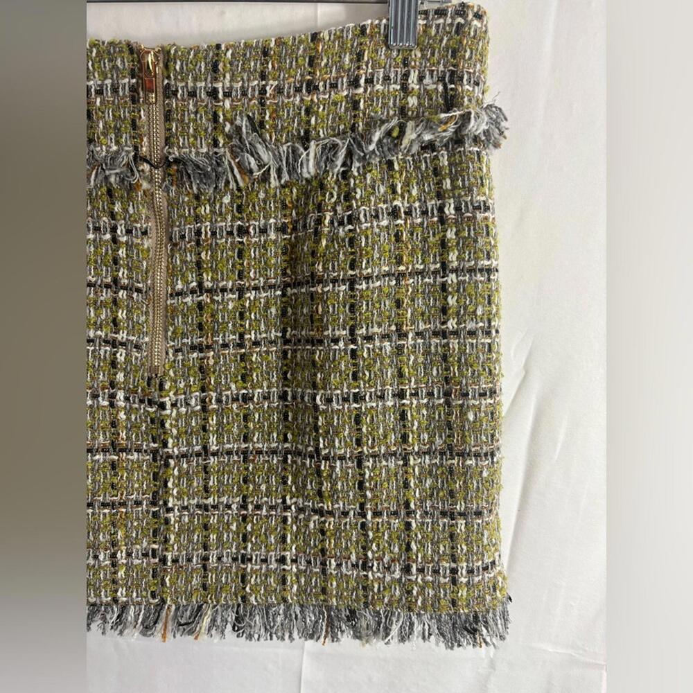 NWT Walter Baker Chartreuse Green Preppy Tweed Fringe Mini Skirt Women’s Size 6 - Picture 11 of 11